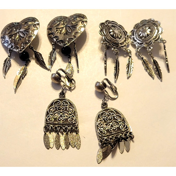 Vtg Estate Western Boho Feather Teardrop Dangle Jewelry Clip-On Earrings 3 Pair - Picture 1 of 5